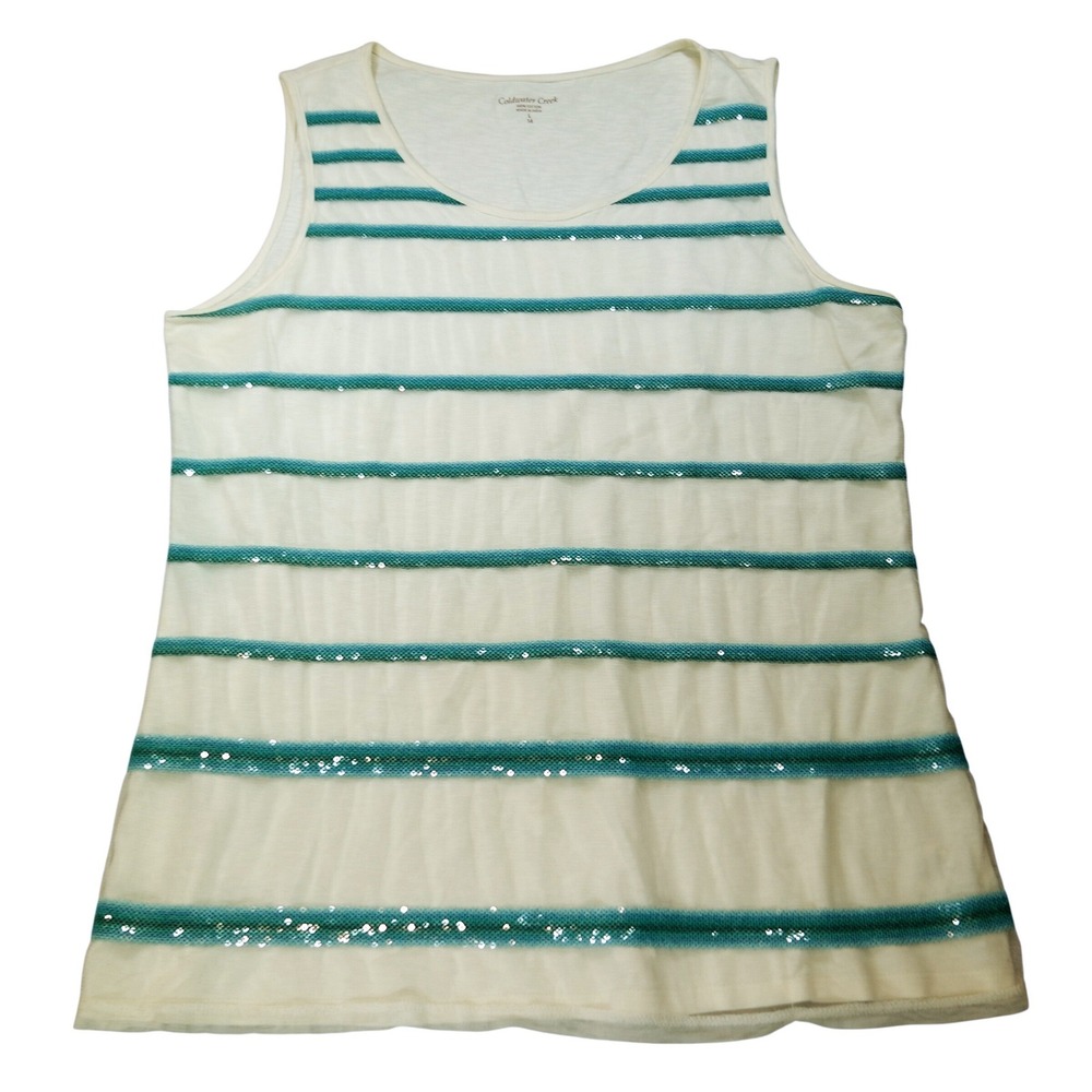 Coldwater Creek Womens L 14 White Teal Sequin Striped Mesh Overlay Tank Top